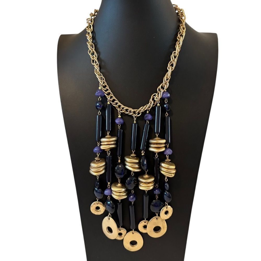 Matte Hammered Gold Toned Statement Necklace w/ Blue & Black Beads.